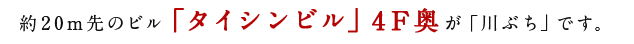 約20m先のビル「タイシンビル」4F奥が「川ぶち」です。